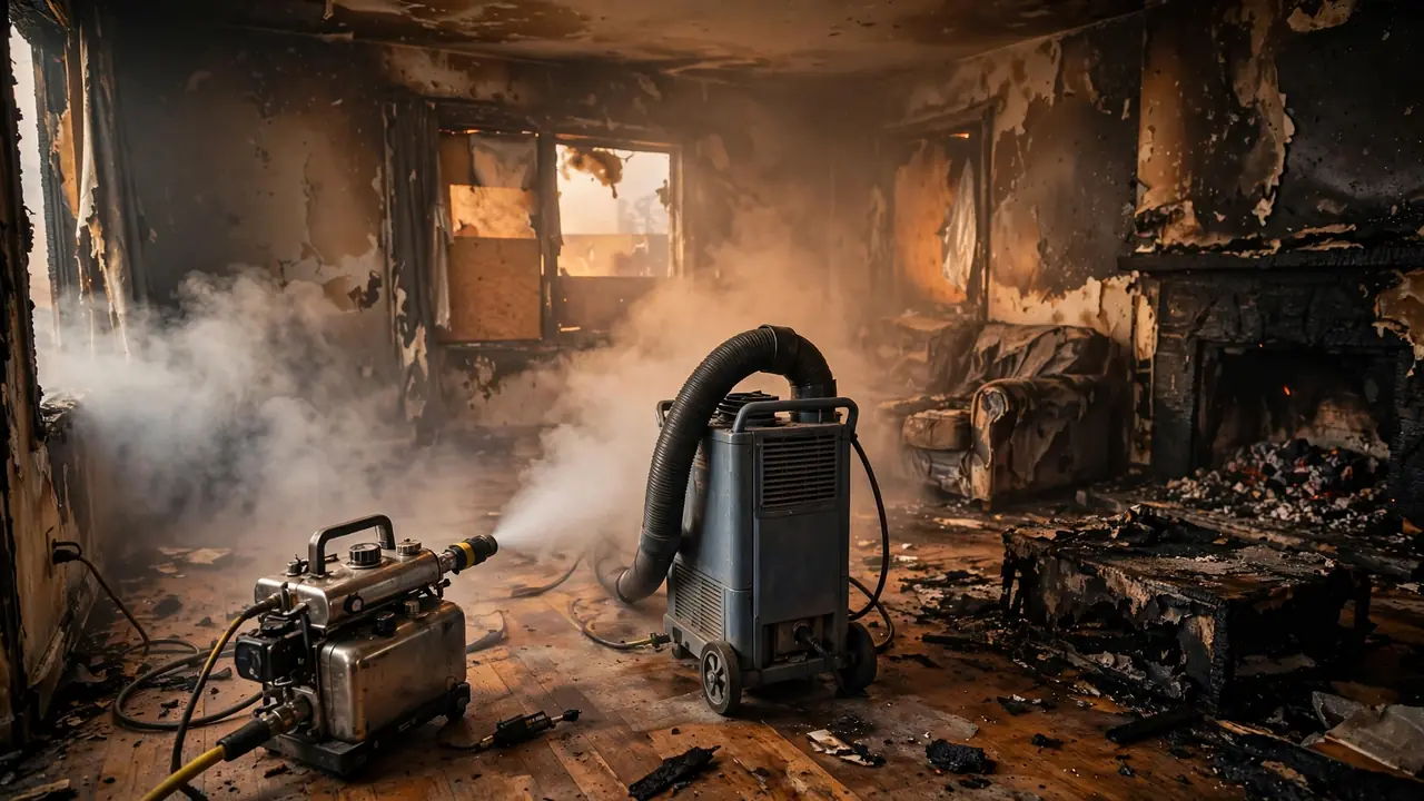 Odor removal San Diego: thermal fogging equipment misting a smoke-damaged living room in a San Diego home